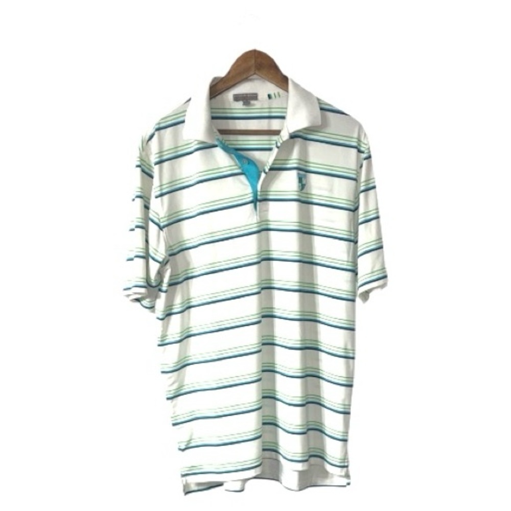 Peter Millar White Blue Green Stripes Polo Summer Comfort Golf Mens Size Large